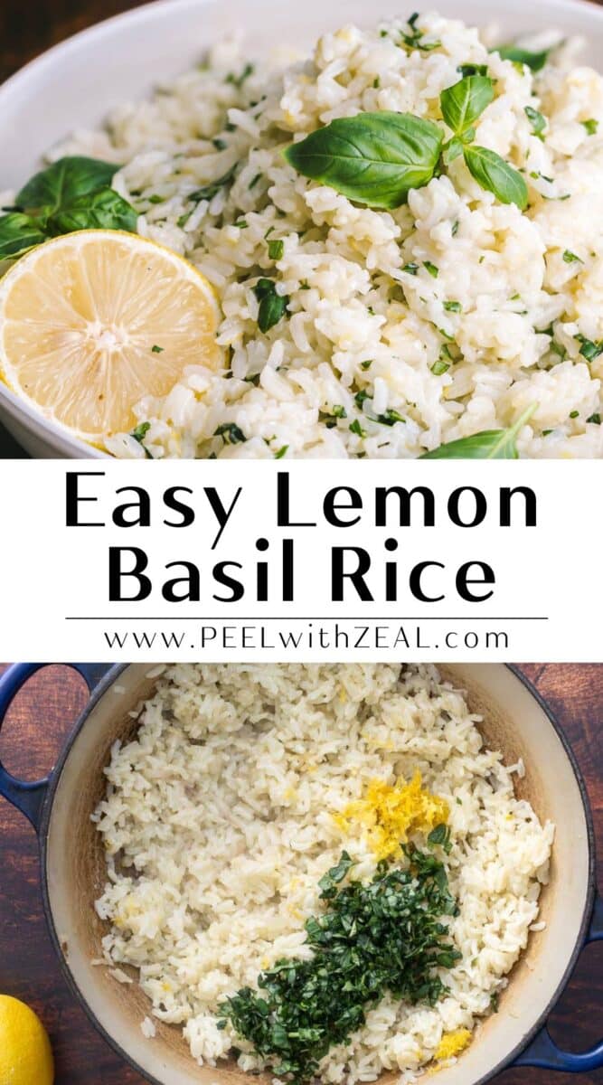 Lemon basil rice in a shallow platter as well as on the Dutch oven.