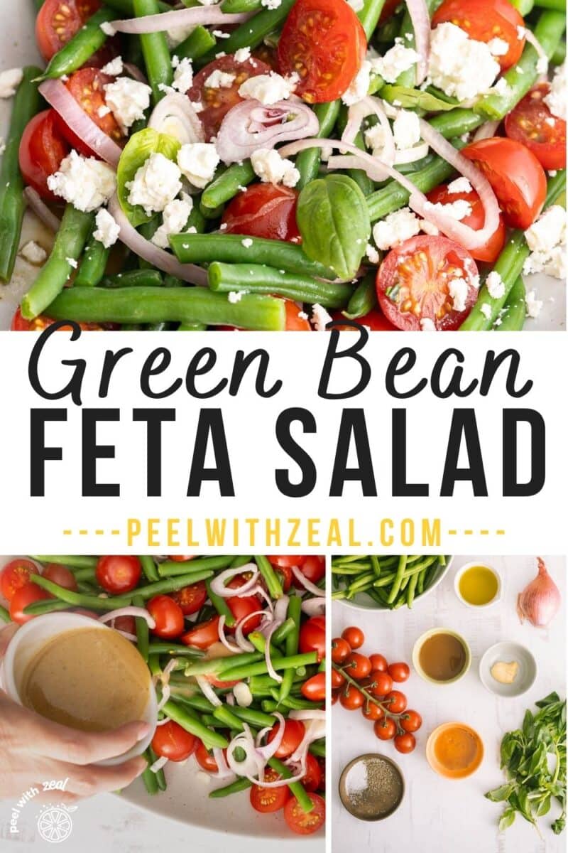 Feta green bean salad drizzled with dressing.