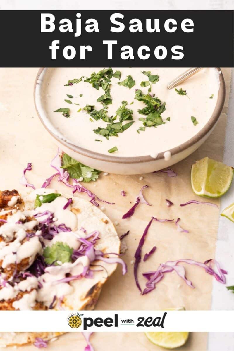 Baja sauce for tacos in a bowl and a tacos with shrimp drizzled with Baja sauce.