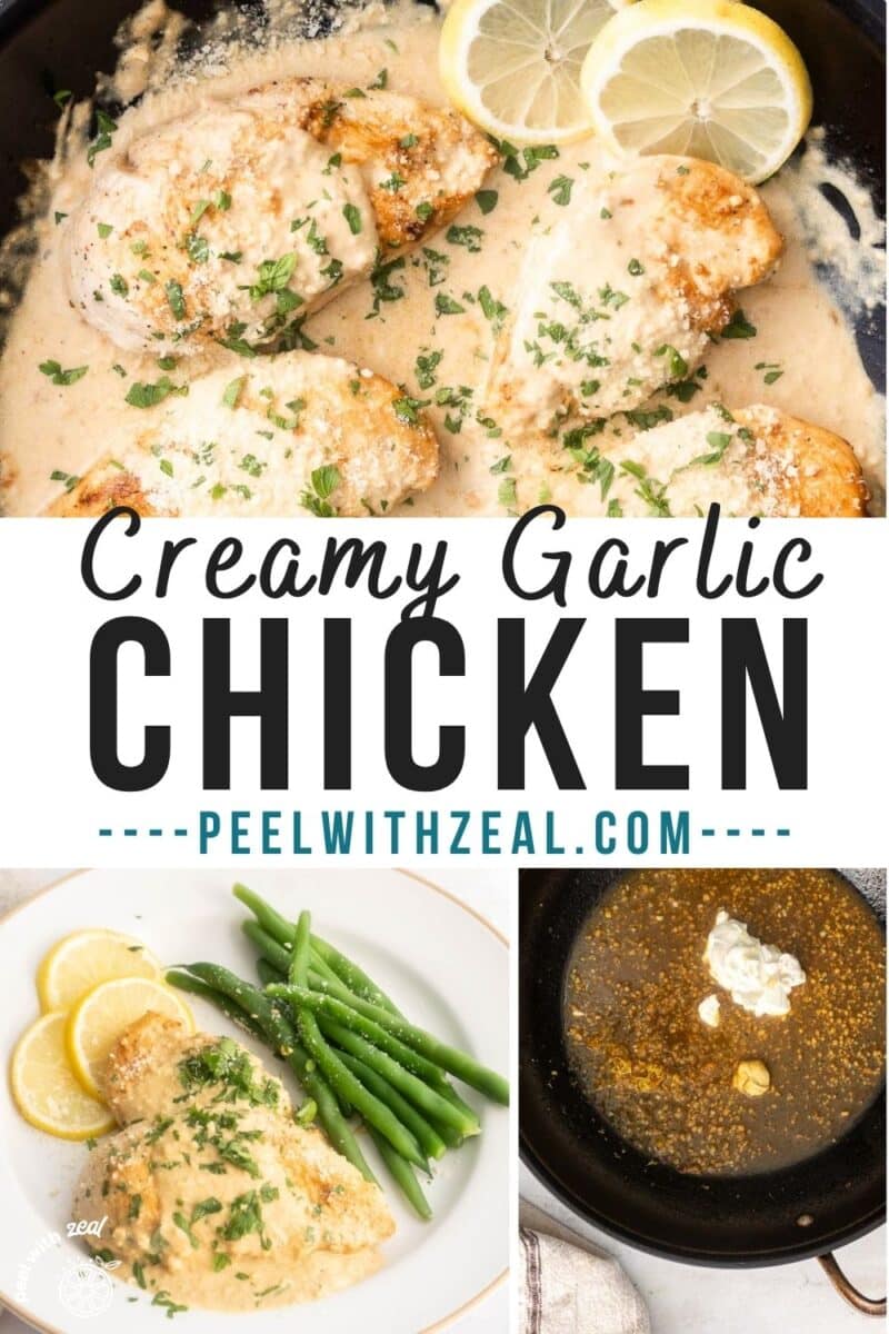 Creamy garlic chicken in a wok, as well as in the dinner plate.