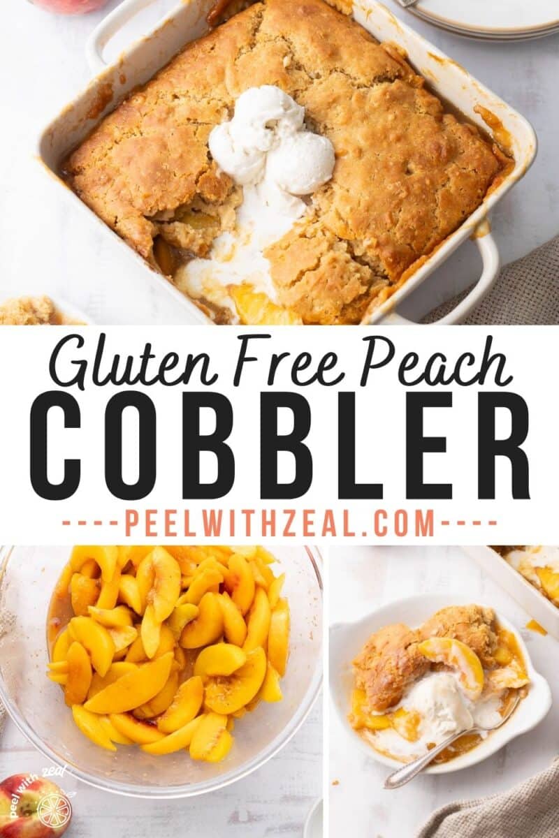 Peach cobbler in a baking dish topped with vanilla ice cream.