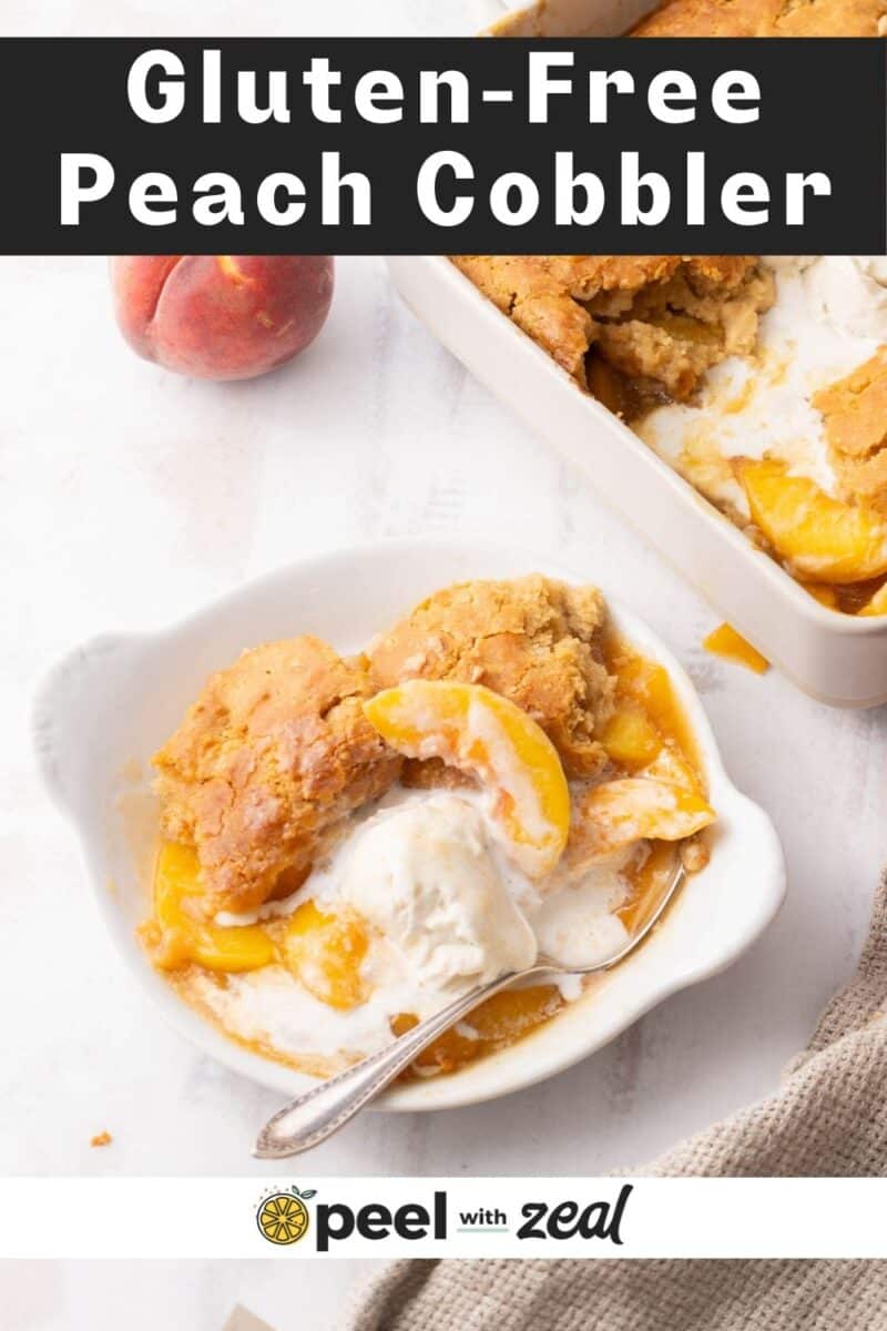 A portion of peach cobbler in a fruit bowl.
