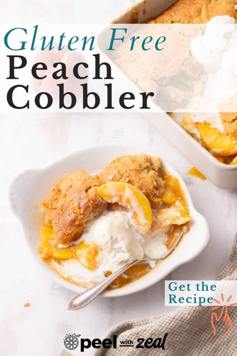 Peach cobbler served on a fruit bowl.