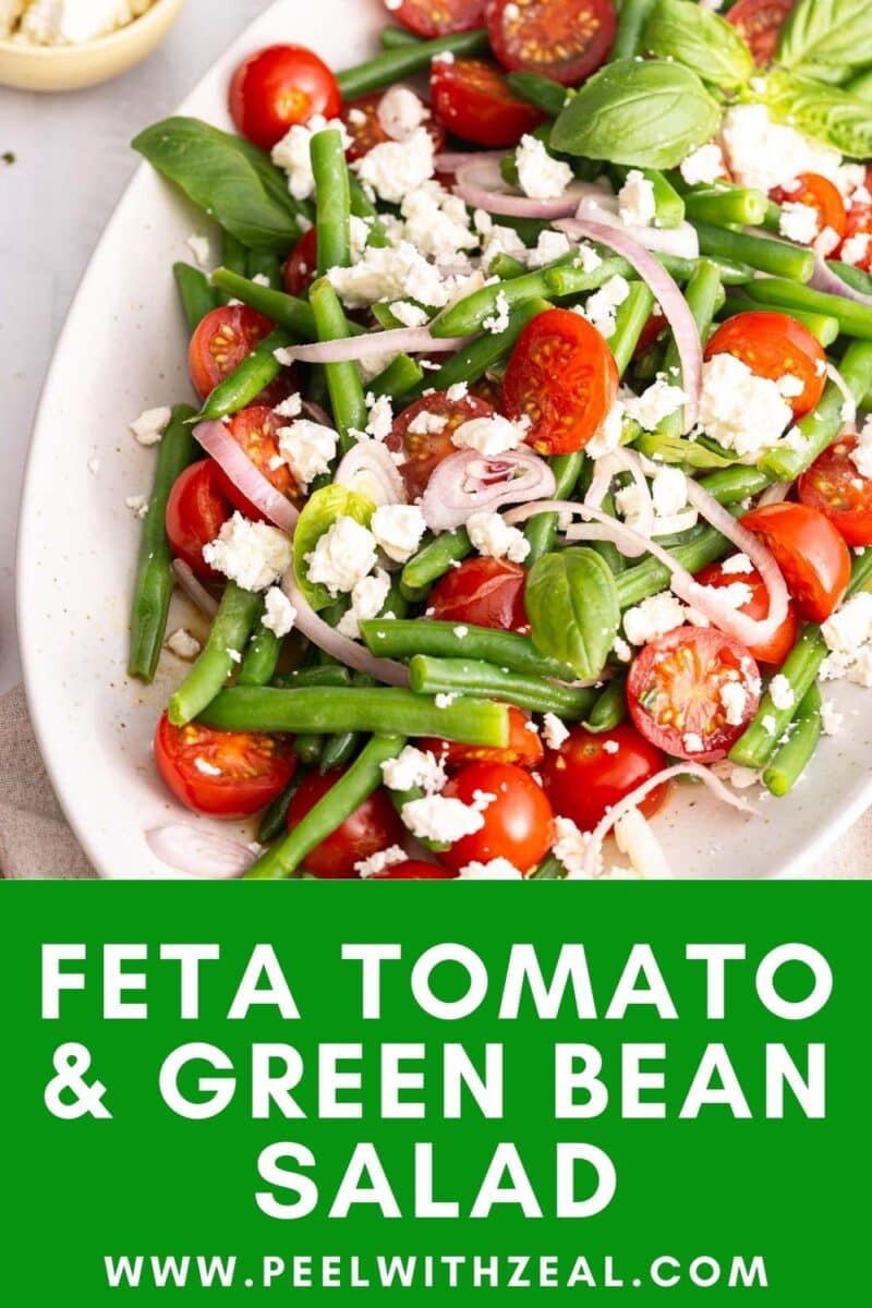 Feta green bean salad on a white platter served on the table.