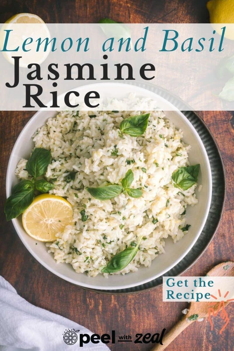 Jasmine with Lemon and basil rice served on the shallow platter atop a platter placed on the table.
