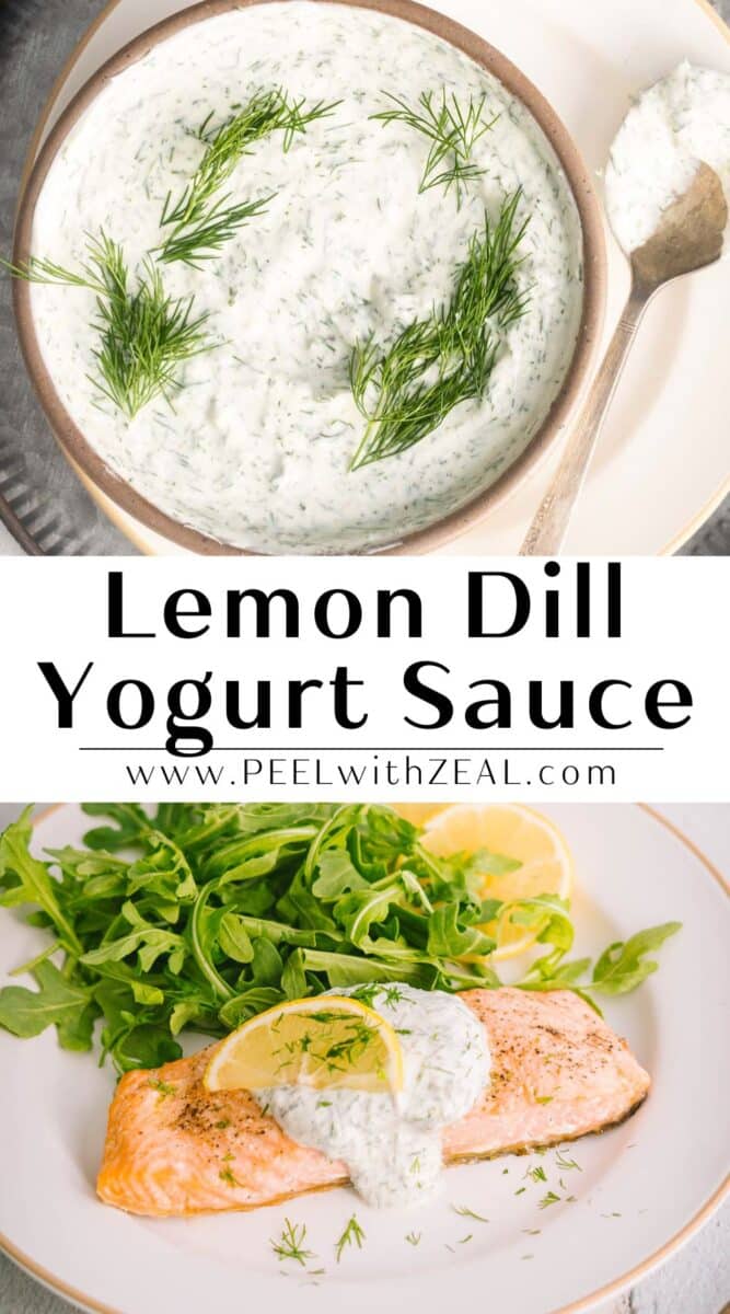Greek yogurt dill sauce in a small bowl, and baked salmon with dill sauce.