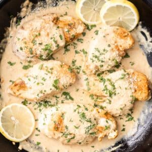 Creamy garlic parmesan chicken in a wok.