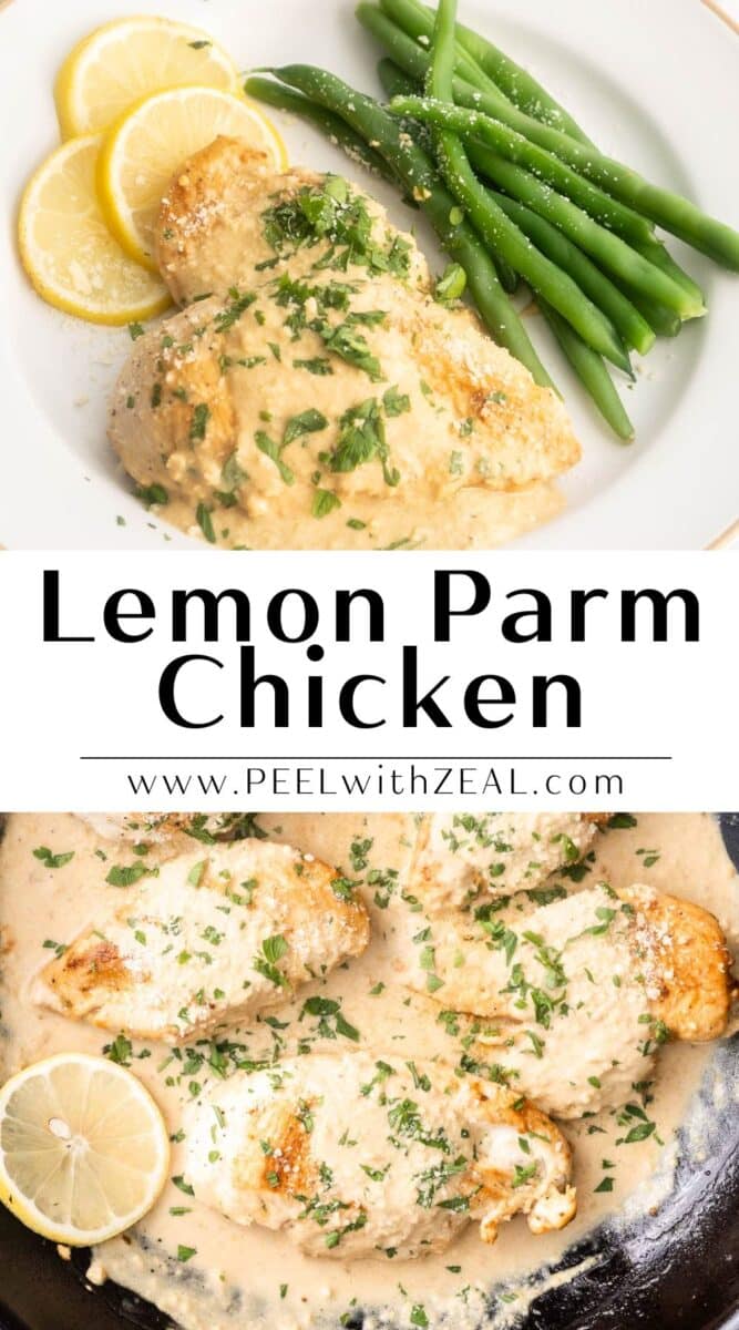 Creamy lemon parmesan Chicken in a dinner plate also, showing in a wok.