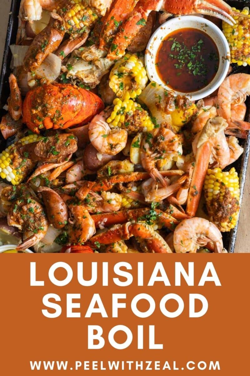 Close-up shot of Cajun Seafood Boil served on a large sheet pan.