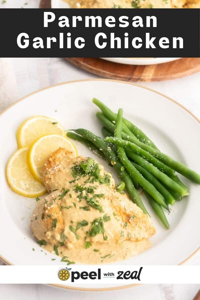 Parmesan garlic chicken in a dinner plate.