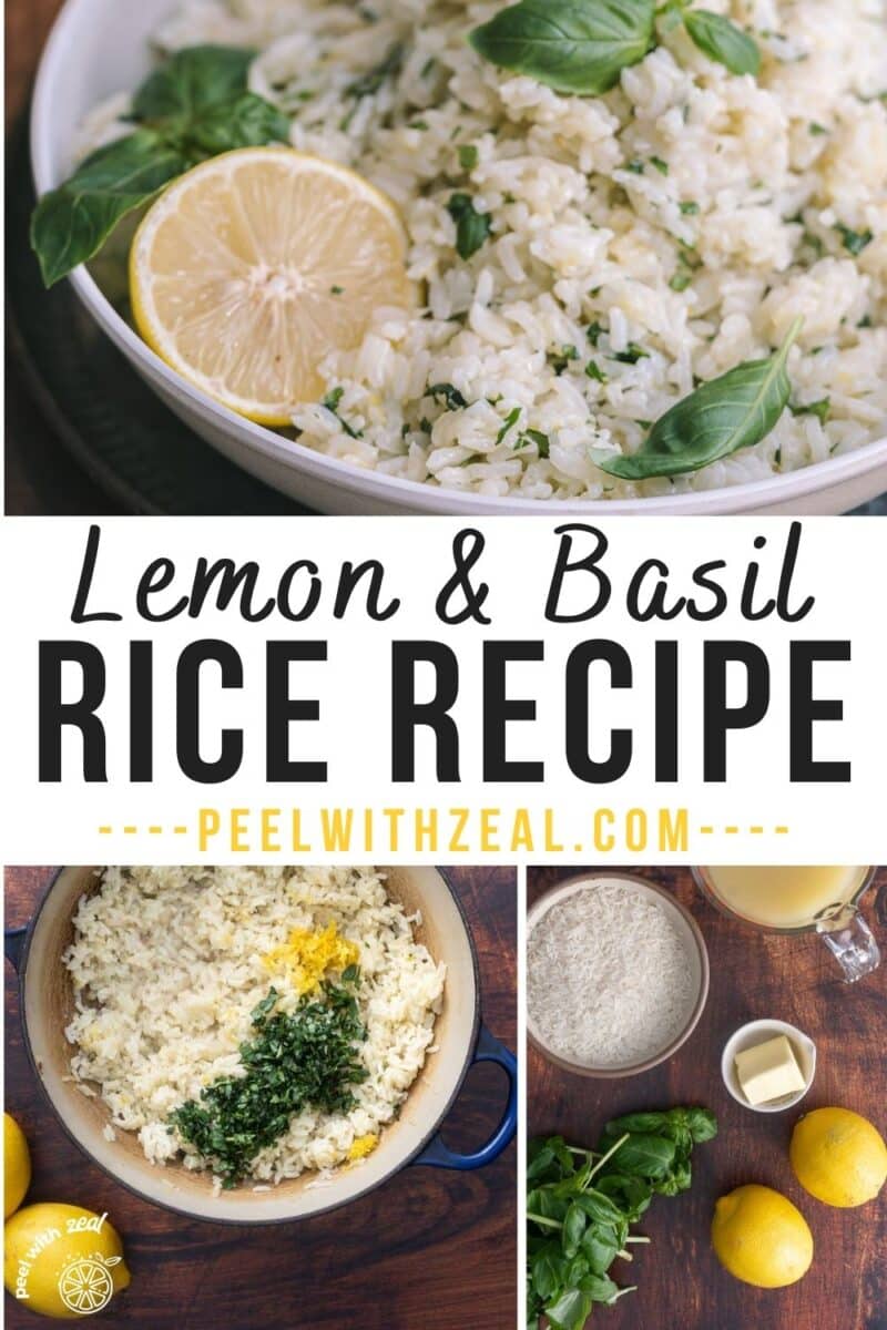 Lemon basil rice on a shallow platter and on a the Dutch oven.