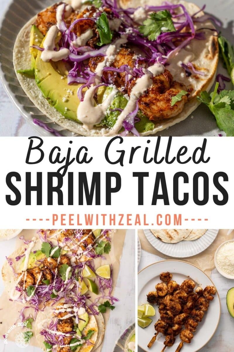 Shrimp tacos drizzled with Baja sauce and grilled shrimp in a wooden skewers.