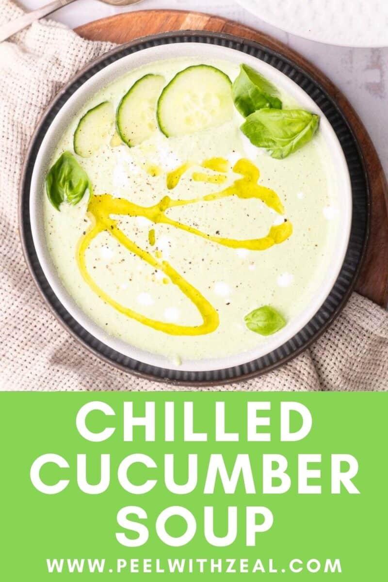 Cucumber chilled soup served in a bowl and place on the table.