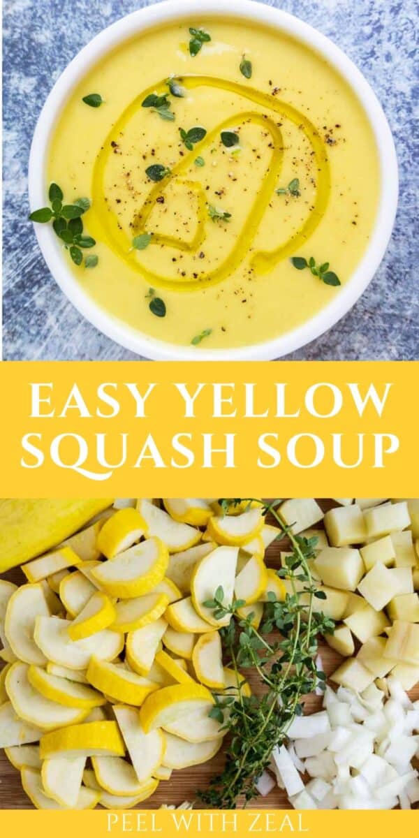 Squash soup in a bowl with yellow squash on cutting board in the background.