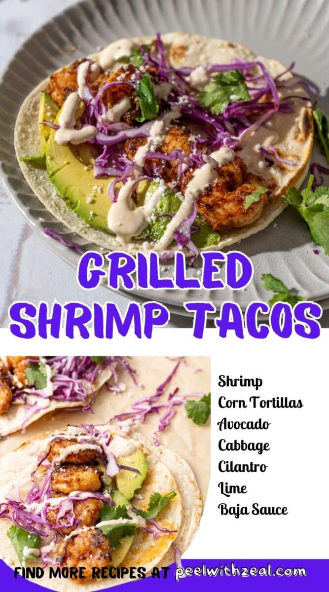 Grilled shrimp tacos drizzled with Baja sauce served on the dinner plate.