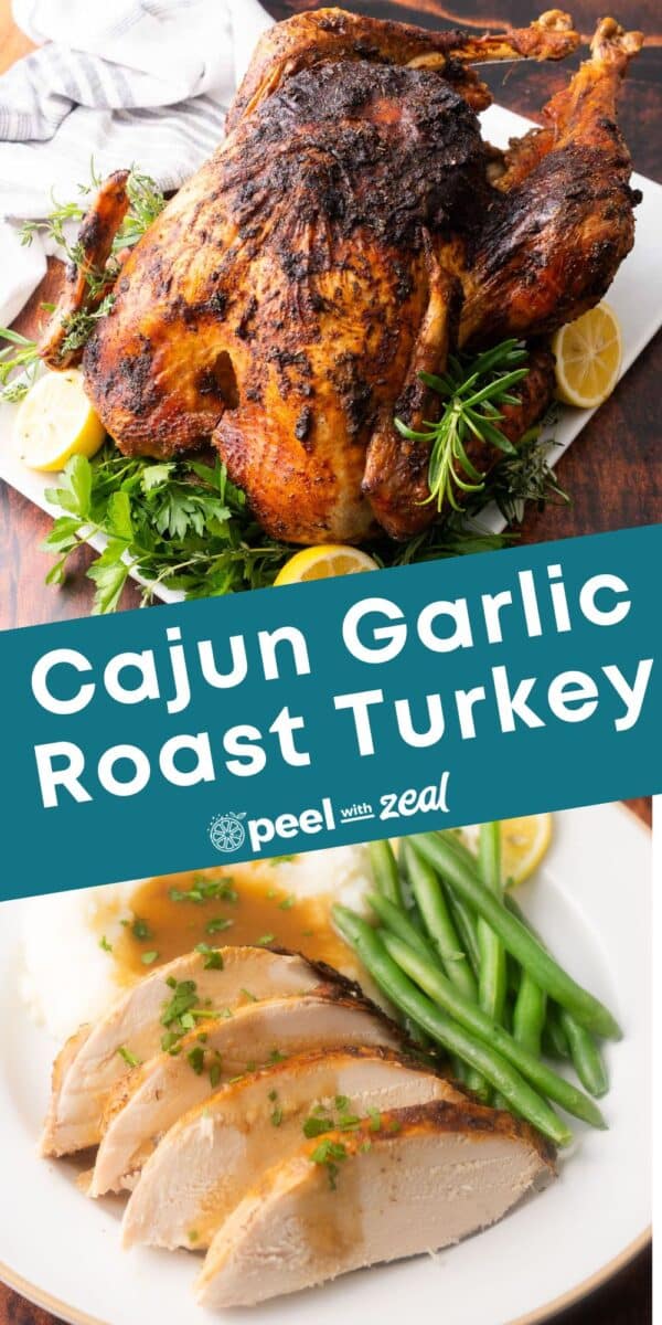 A whole Cajun Turkey is being served and a slices of Cajun Turkey meat on the dinner plate.