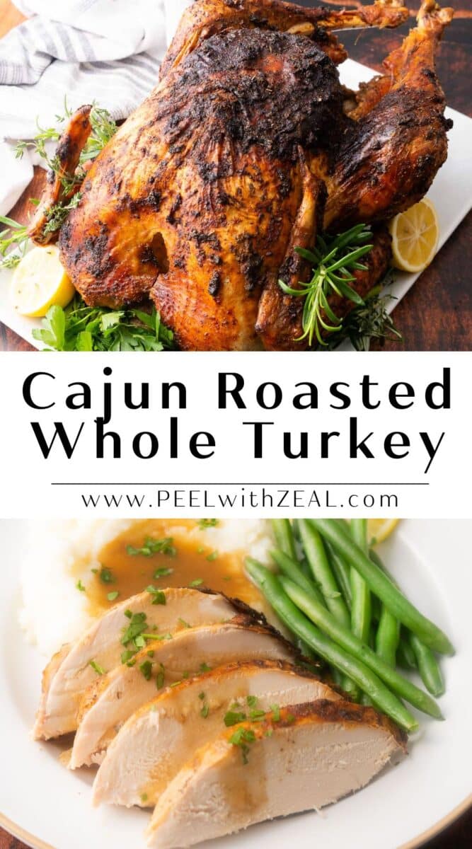 A whole Cajun Turkey is being served and a slices of Cajun Turkey meat on the dinner plate.