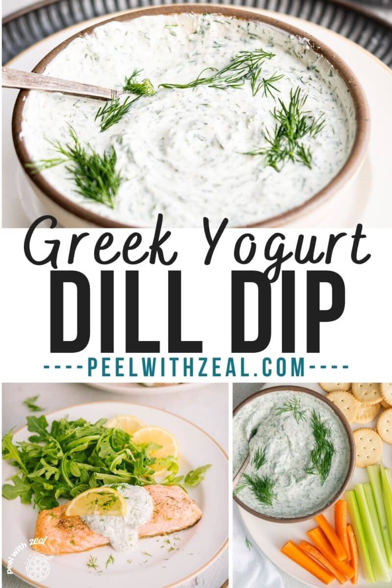 Greek yogurt dill sauce in a bowl, baked salmon with sill sauce and bowl of dill sauce with slices of vegetables.
