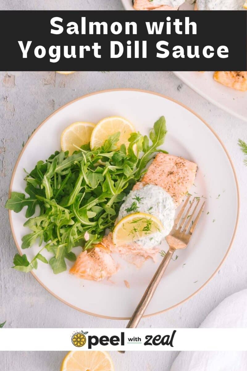 Salmon yogurt with dill sauce on a platter garnished with lemon slices served a portion on the dinner plate.