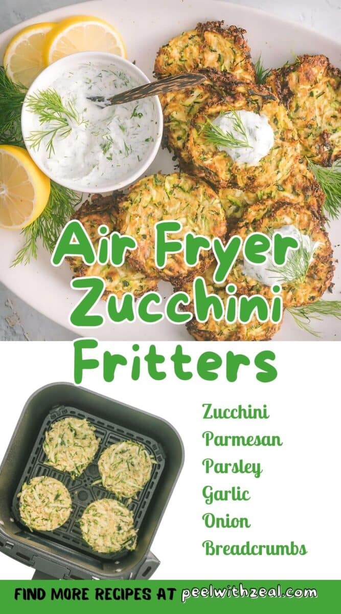 Air fryer zucchini fritters stack on the white oval shape platter with dill sauce on the side.