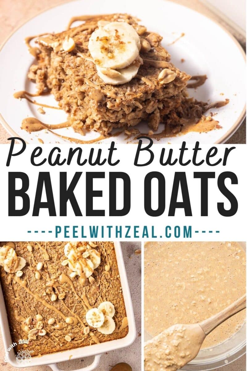 A portion of Baked Oatmeal with Peanut Sauce and Baked Oatmeal with Peanut Butter in the baking dish.