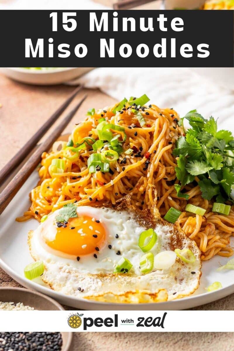 A portion of Easy Miso Noodles served with a fried egg.