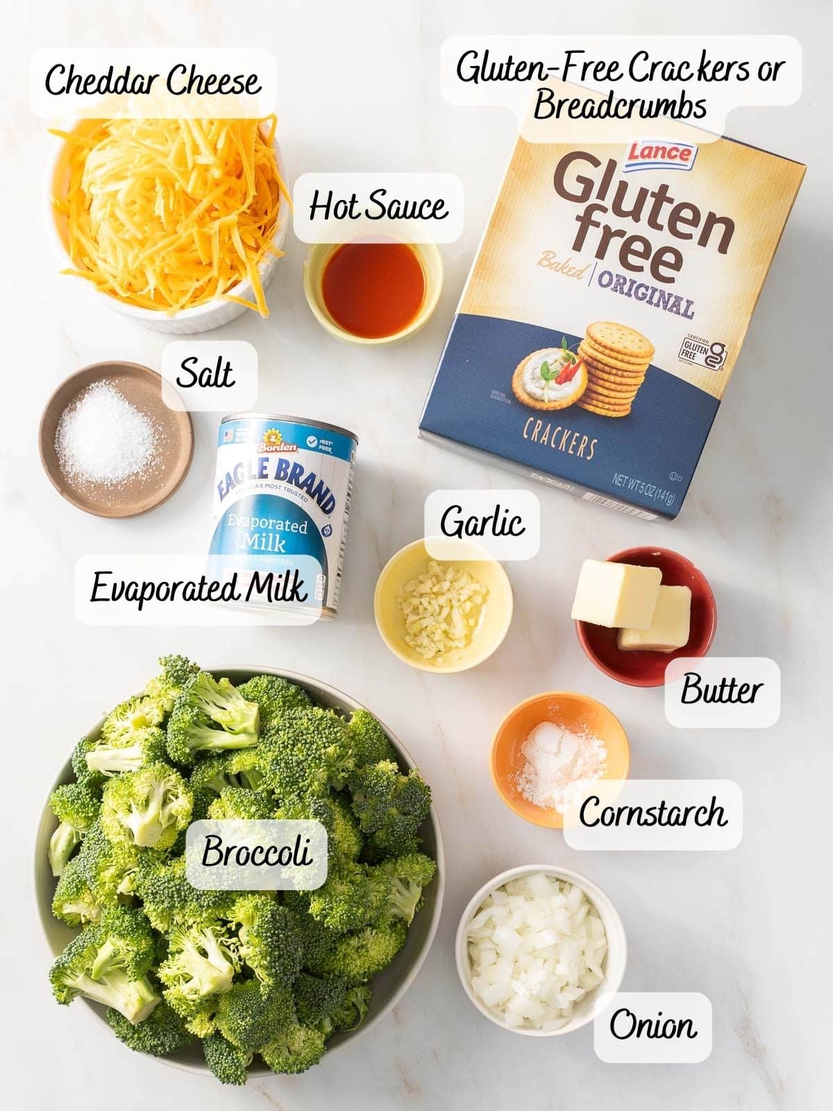 Broccoli casserole ingredients being displayed on the countertop.