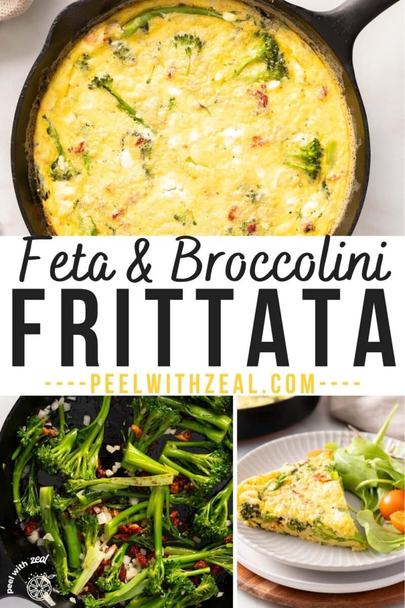 Feta Broccolini Fritata is being served on the dinner plate and another portion still left on the skillet.
