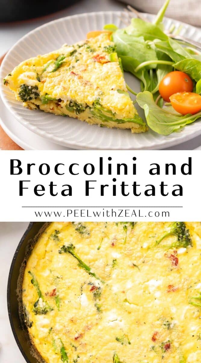 Broccolini and feta frittata served as a portion on the dinner plate, with another portion shown in the skillet.