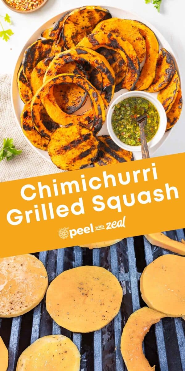 Butternut squash grilled served a portion on the dinner plate and other showing still on the grill.