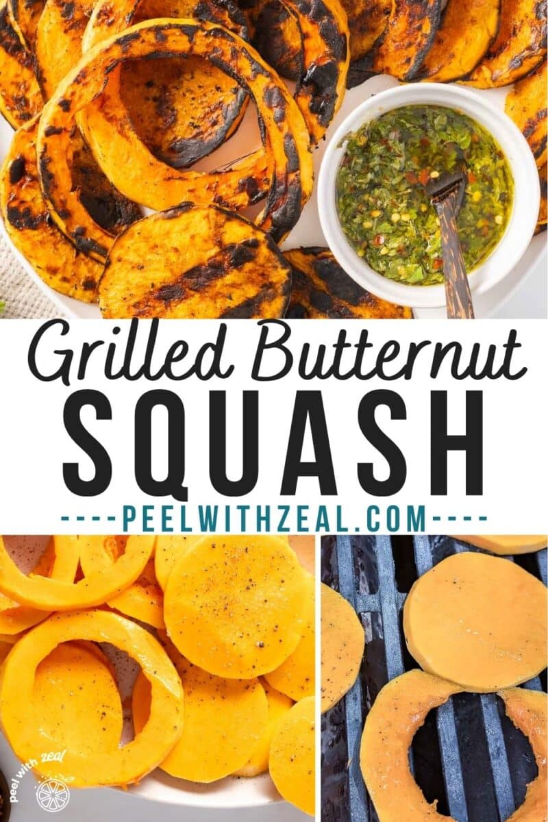 A portion of grilled Butternut Squash is being served and some grilled butternut squash on the grill.