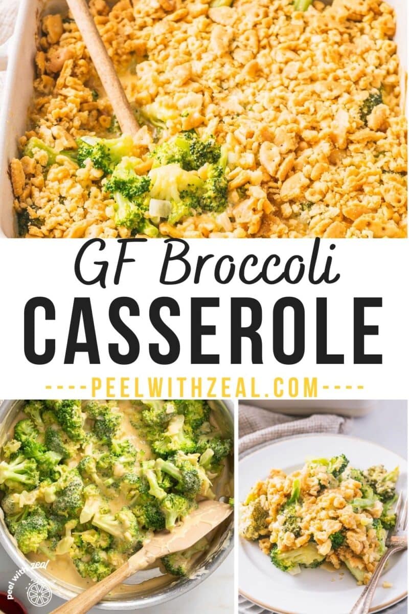 Easy Gluten-Free Broccoli Casserole served a portion on the dinner plate , and on the baking dish also in a bowl.