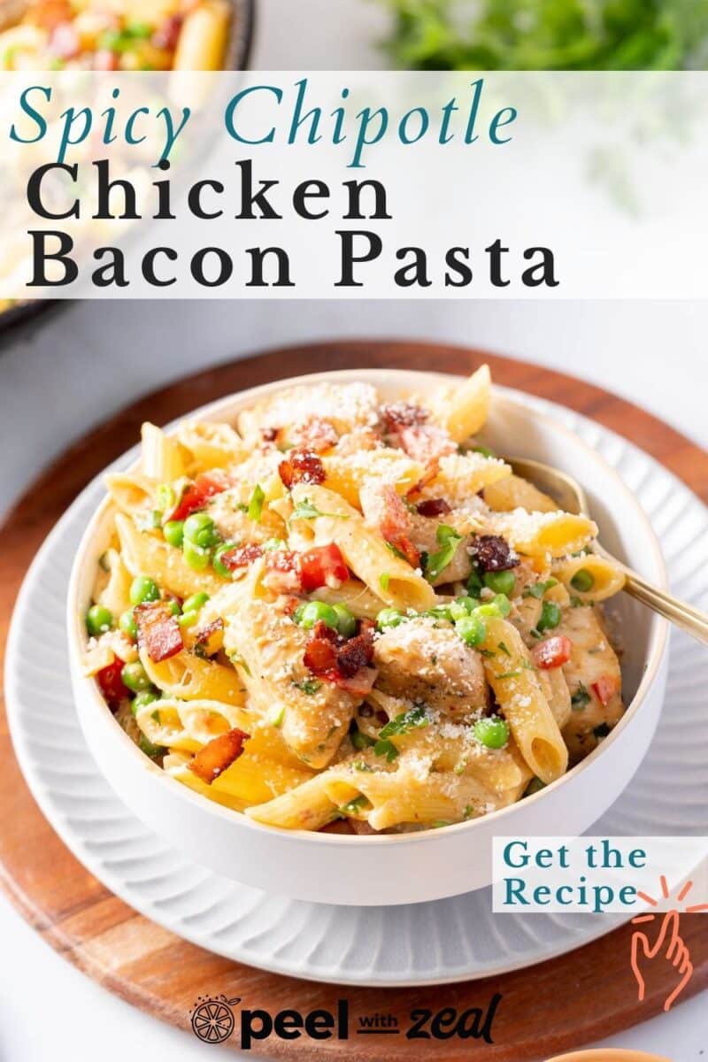 Spicy Chicken Bacon Pasta served in the bowl placed on the table.