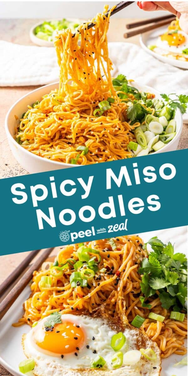 Easy Miso Noodles served a portion on the bowl and the one showing served with a friend egg.