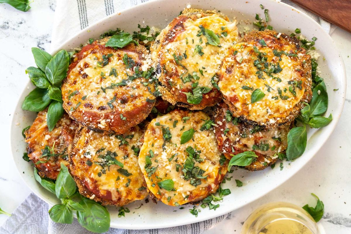 Eggplant with Parmesan served on a platter.