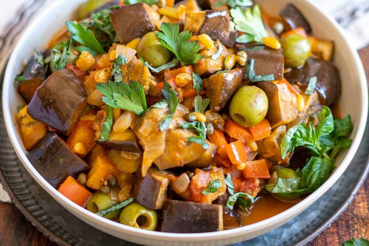 Eggplant Caponata in a bowl.