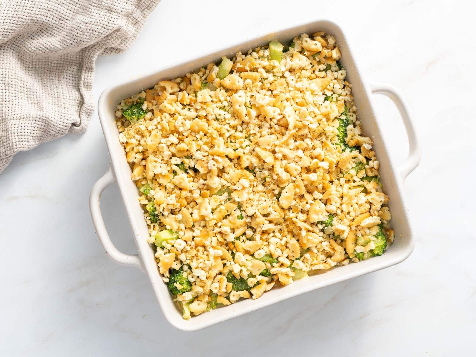freshly baked Broccoli Casserole on a baking dish.