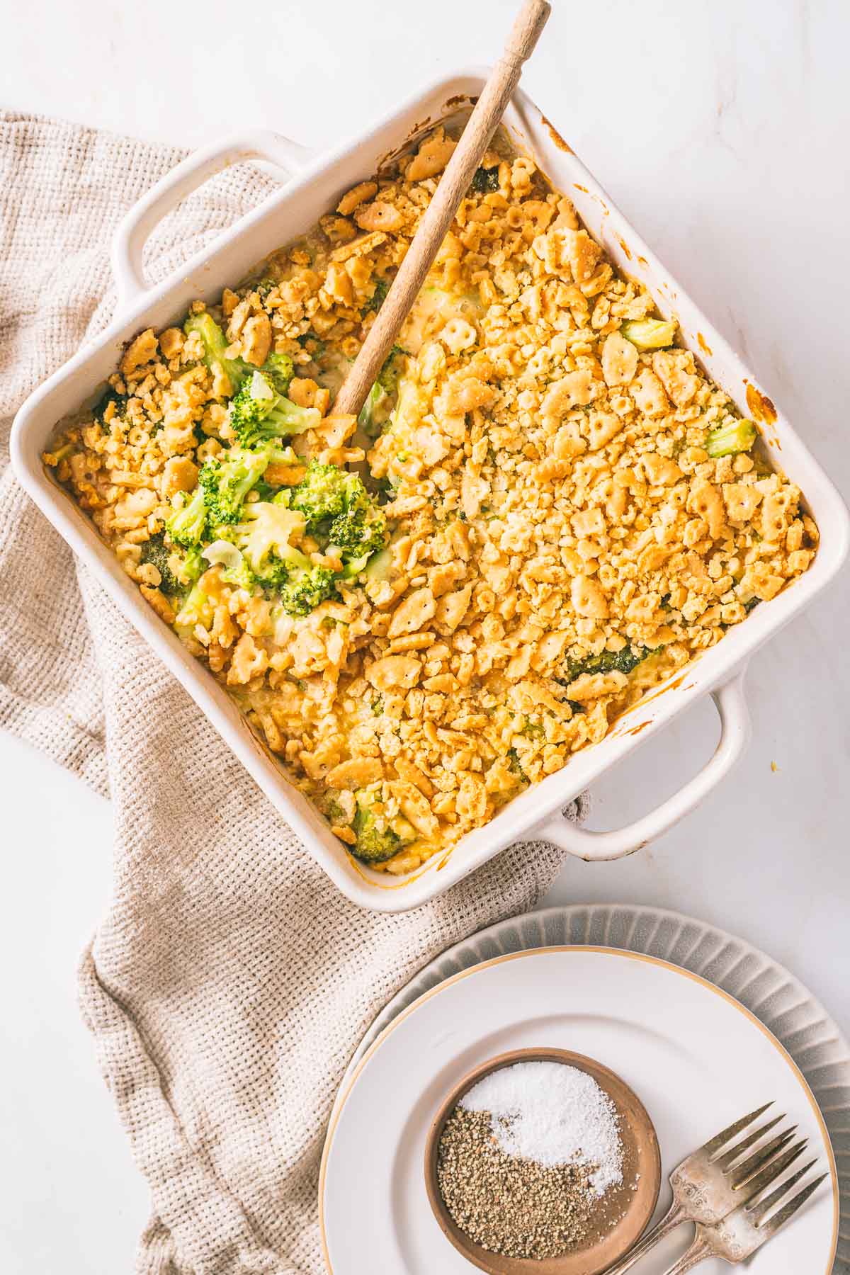 Gluten-Free Broccoli casserole on the baking dish.
