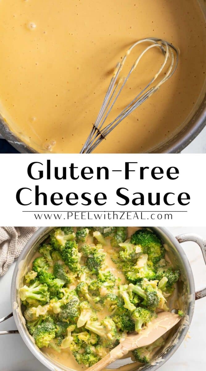 Cheese sauce in a pan and over broccoli.