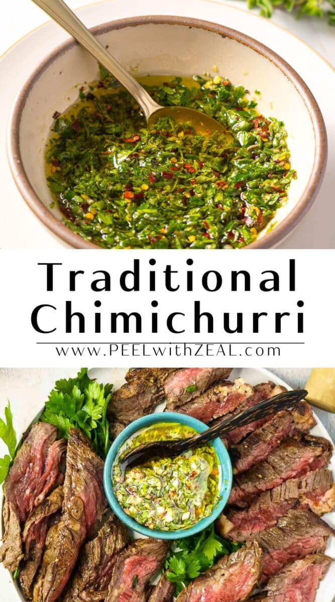 Chimichurri in a bowl with a spoon and a steak sliced on a plate.