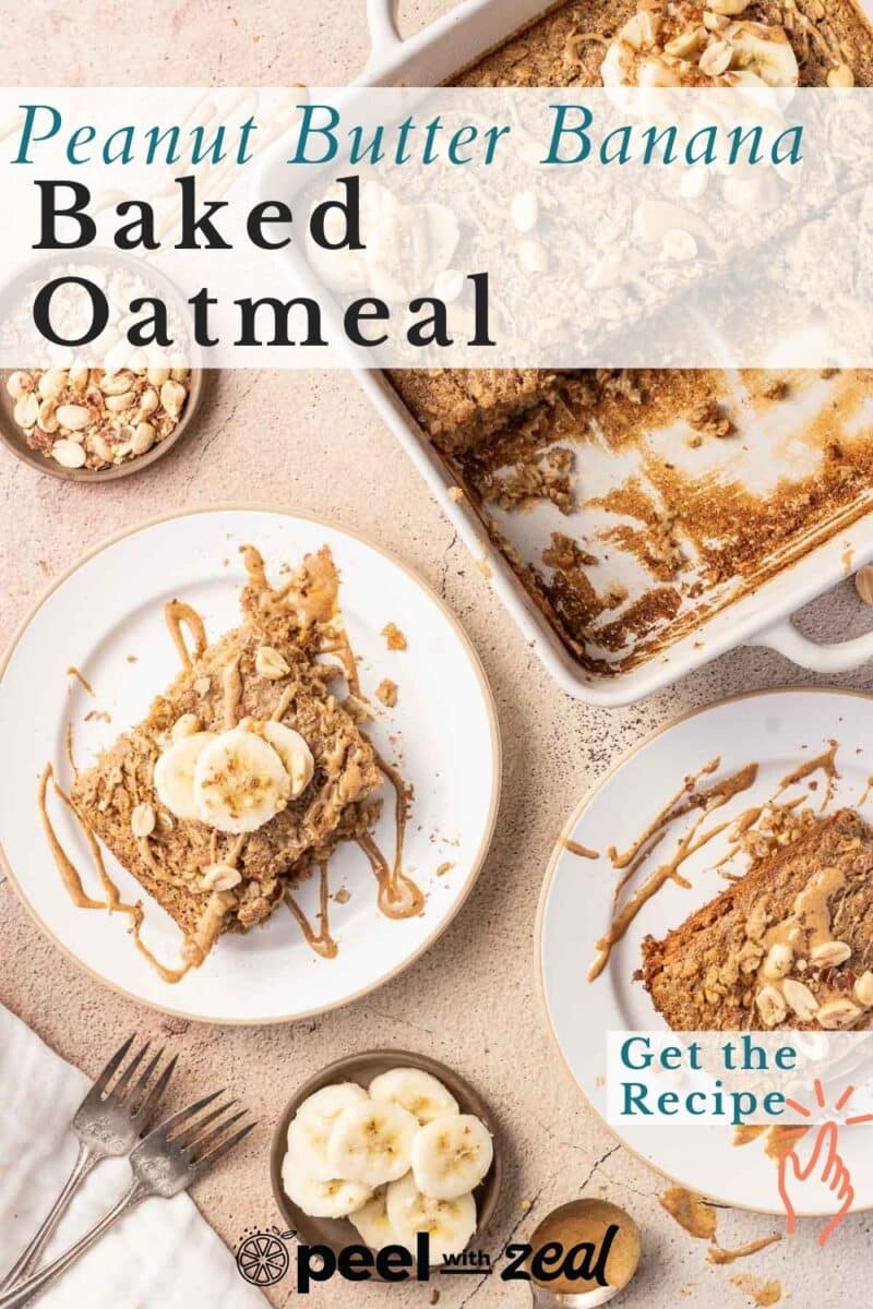 Baked Oatmeal with Peanut Sauce in a baking dish and a portion on a dessert plate.