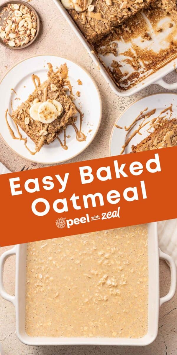 A portion of Baked Oatmeal with Peanut Sauce topped with banana slices and nuts on a dessert plate and a portion on a baking dish.