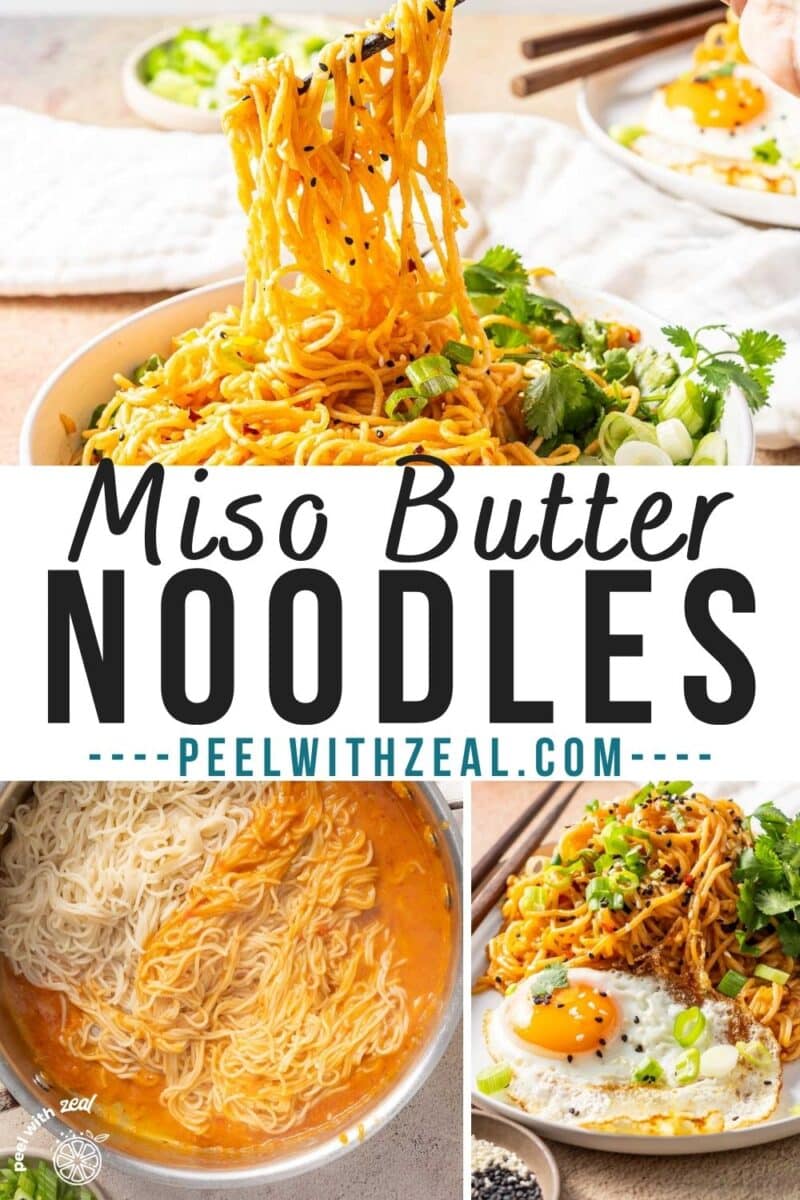 Easy Miso Butter Noodles on a bowl and also served with a fried egg.