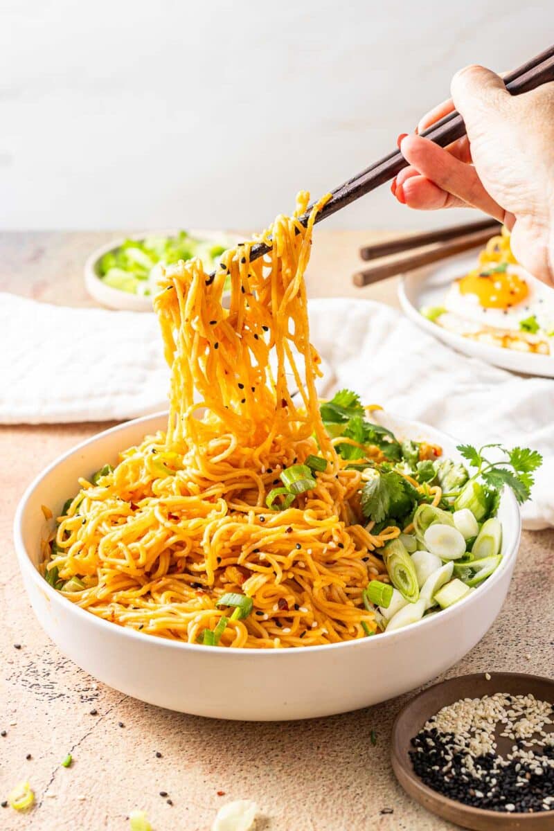 A portion of Easy Miso Noodles being served on the dinner.
