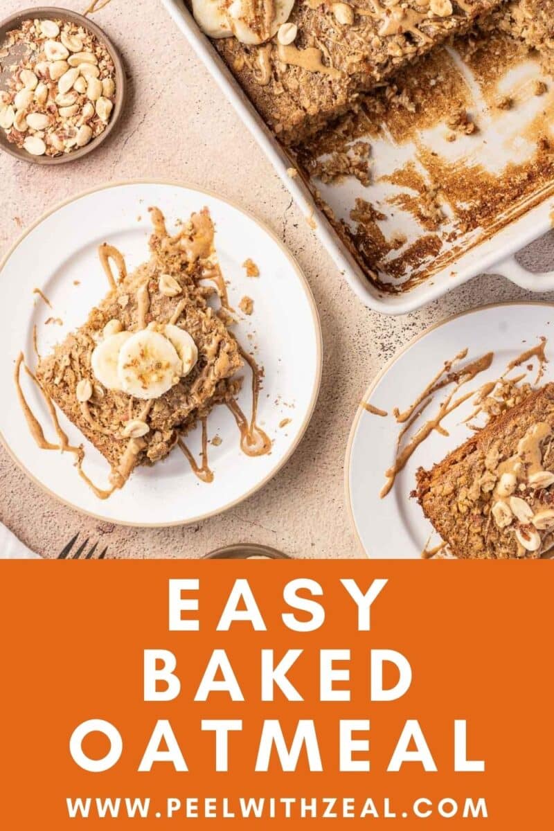 Baked Oatmeal with peanut butter sauce topped with banana slices and nuts.