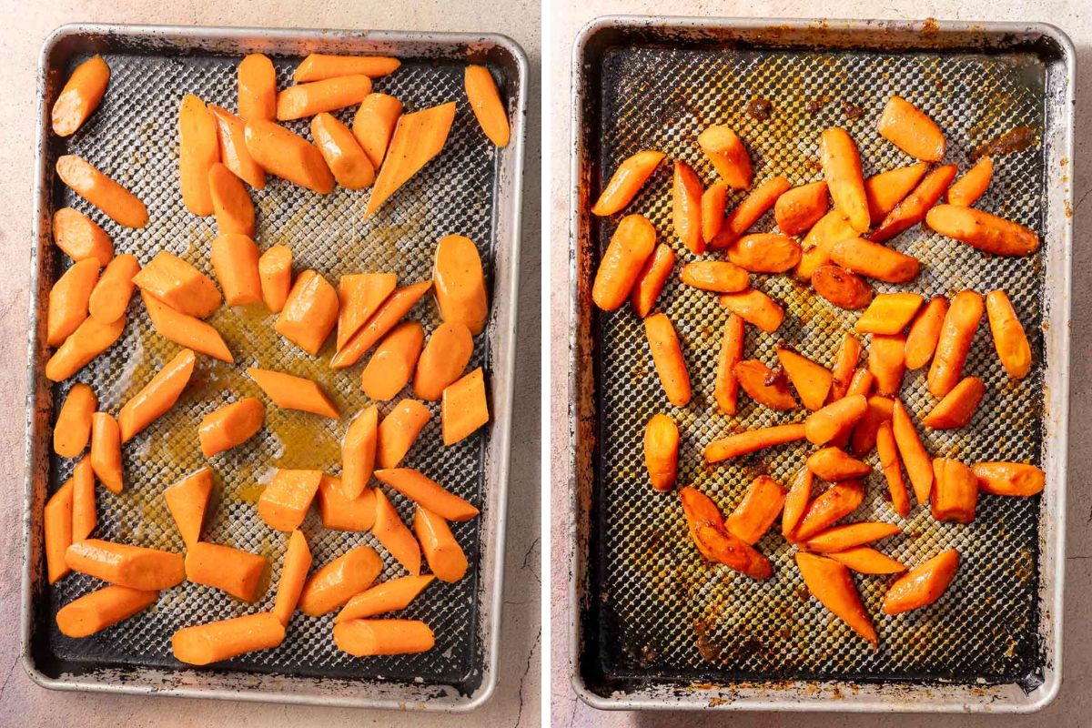 A slices of carrots seasoned and roasted on a baking sheet pan.