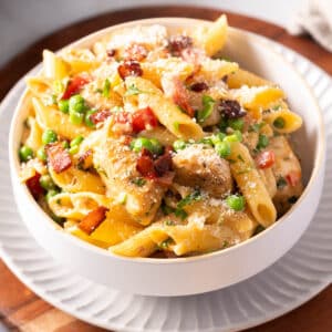 A portion of Chipotle Chicken Pasta served in a bowl.