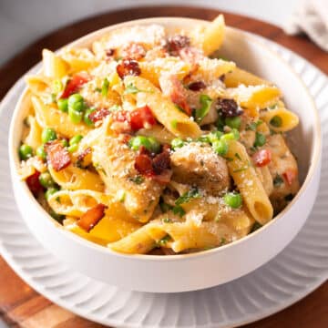 A portion of Chipotle Chicken Pasta served in a bowl.