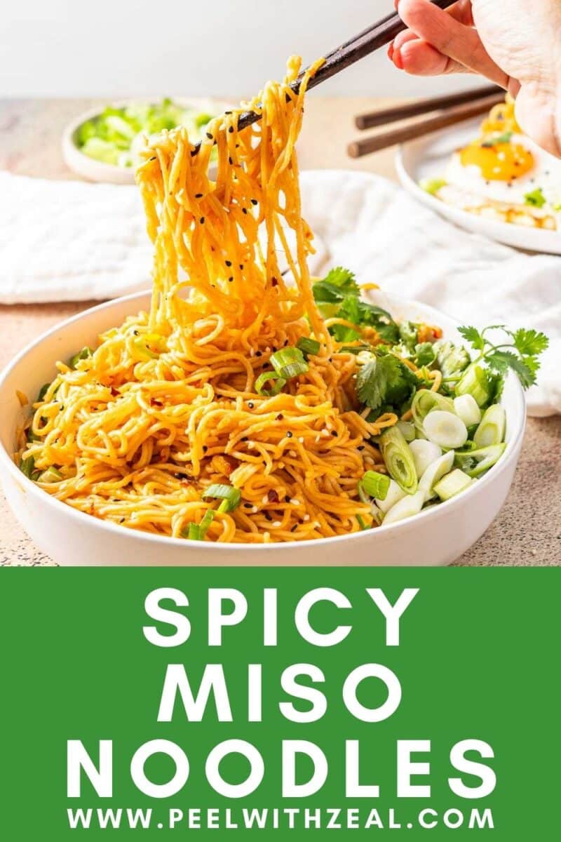 Spicy Miso Noodles is being served on the bowl.