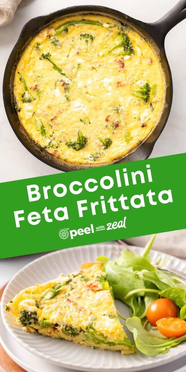 Broccolini and feta frittata served as a portion on the dinner plate, with another portion shown in the skillet.